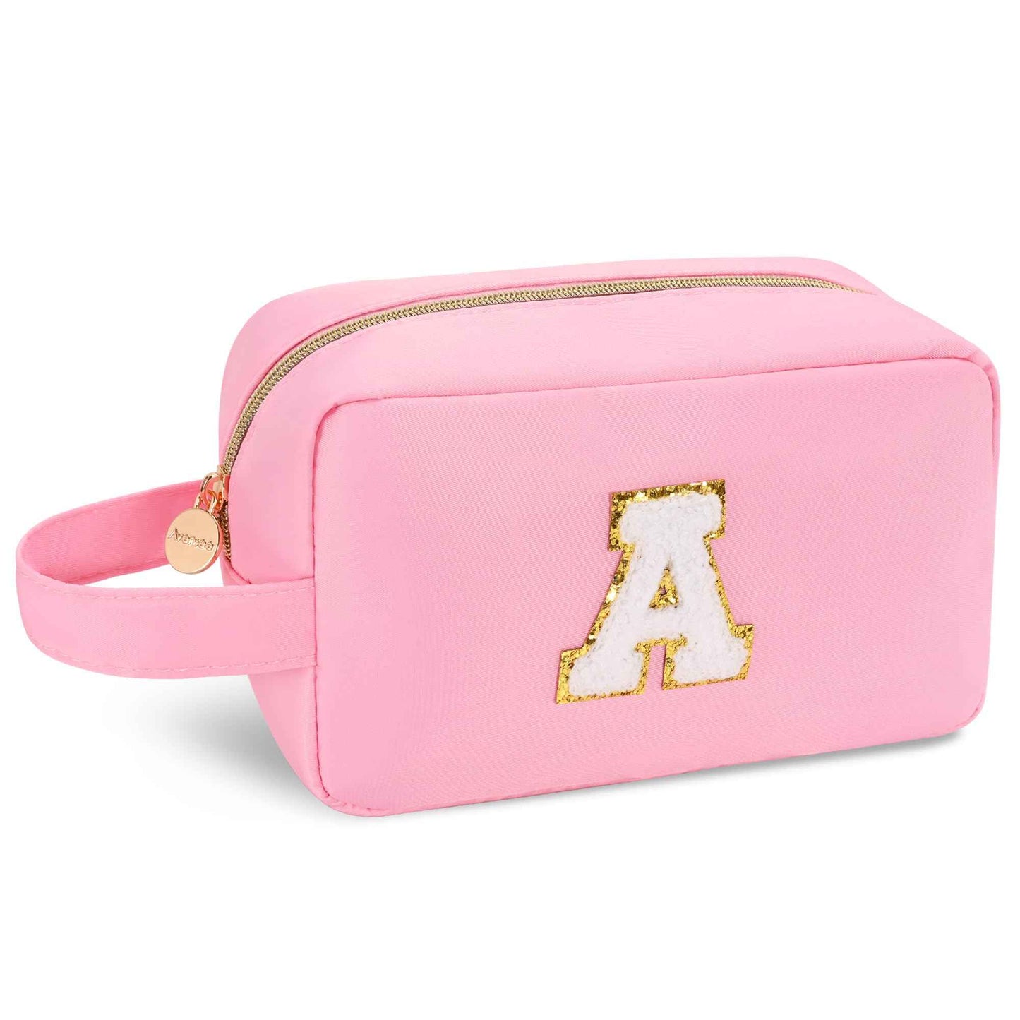 Aveniee Initial Makeup Bag for Women,Monogram Travel Make Up Bag Organizer With Handle,Personalized Cosmetic Toiletry Bag,Christmas Birthday Gifts for Women Teen Girls Daughter Teacher-Pink A