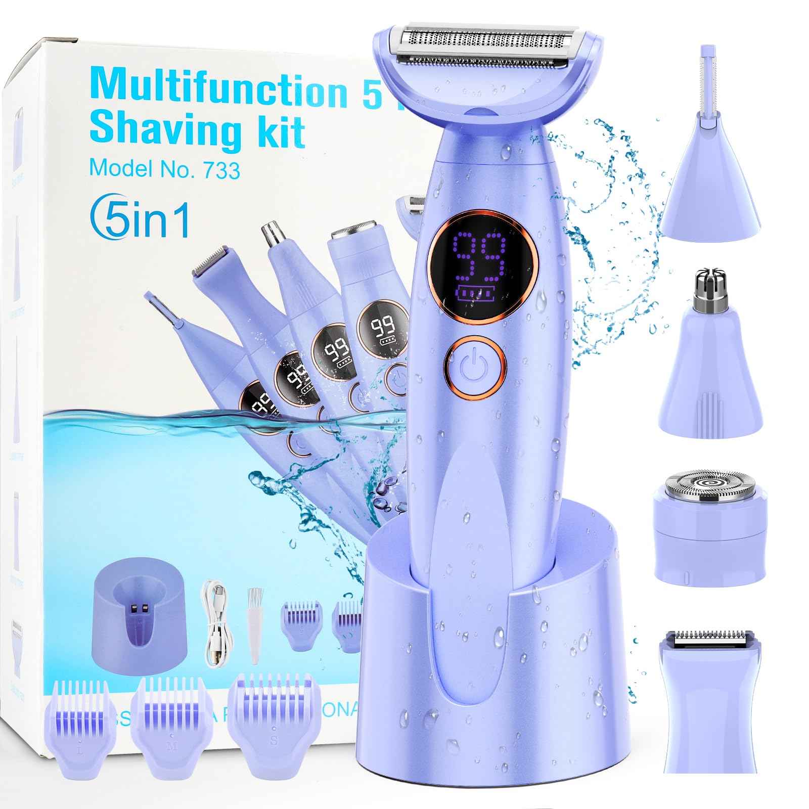 5 in 1 Bikini Trimmer for Women,IPX7 Waterproof Cordless Replaceable Pubic,Eyebrow,Facial Electric Razors&Nose Hair Trimmer&Painless Body Shaver for Arms Legs Underarms,USB Charge,LED Display,Wet&Dry