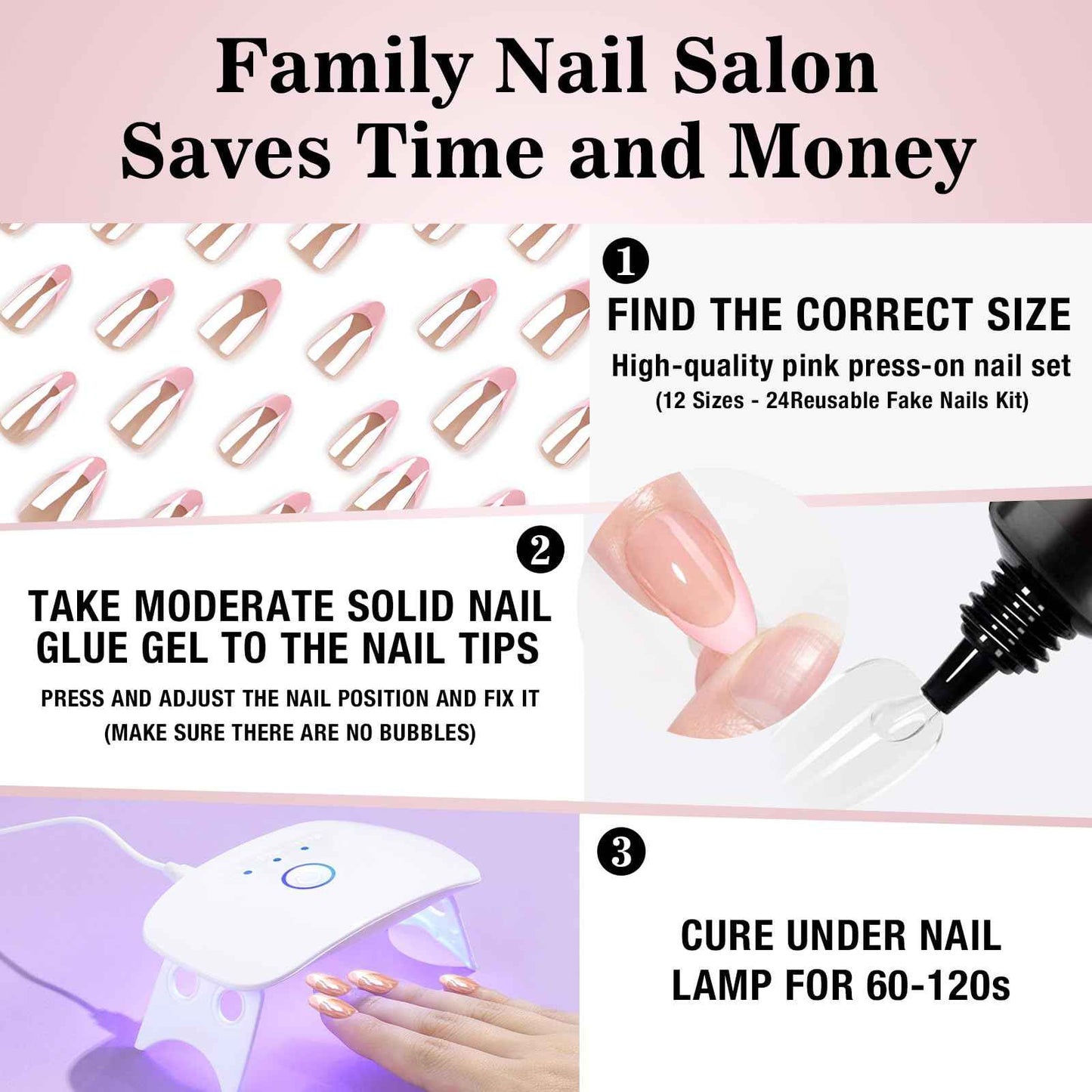 16-size Pink French Almond-Shaped Press-On Nails Kit with S Portable 12W LED Nail Lamp, and Tool Set—Ultimate Combo for Enhanced Durability and Longevity.