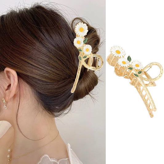 AIUPUOC Elegant Large Daisy Flower Metal Gold Claw Clip Hair Barrette for Thick Hair Women's Hair Accessory