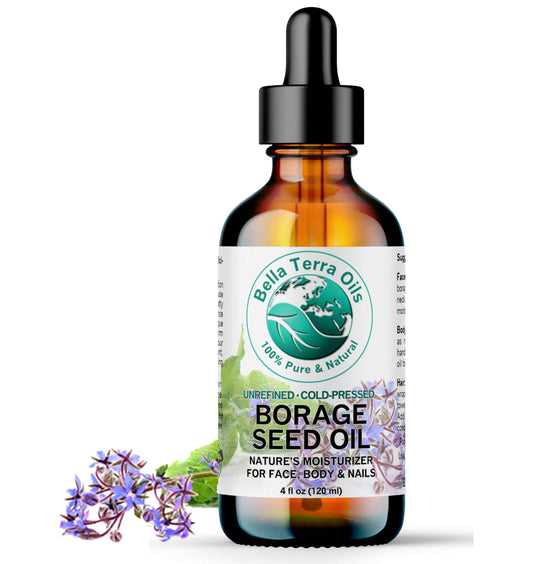 Bella Terra Oils - Organic Borage Seed Oil 4 oz - Rich in GLA, Pure & Untouched, Abundant in Omega-6 Fatty Acids, Elevate Skin's Natural Radiance & Softness