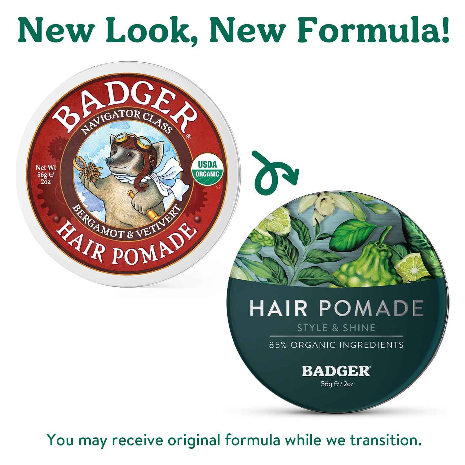 Badger Hair Pomade for Men, Organic, Easy to Use, Subtle Masculine Scent, Medium Hold Hair Pomade with Medium Shine Finish, Nourishes Hair & Scalp 2 oz Tin, 2-Pack