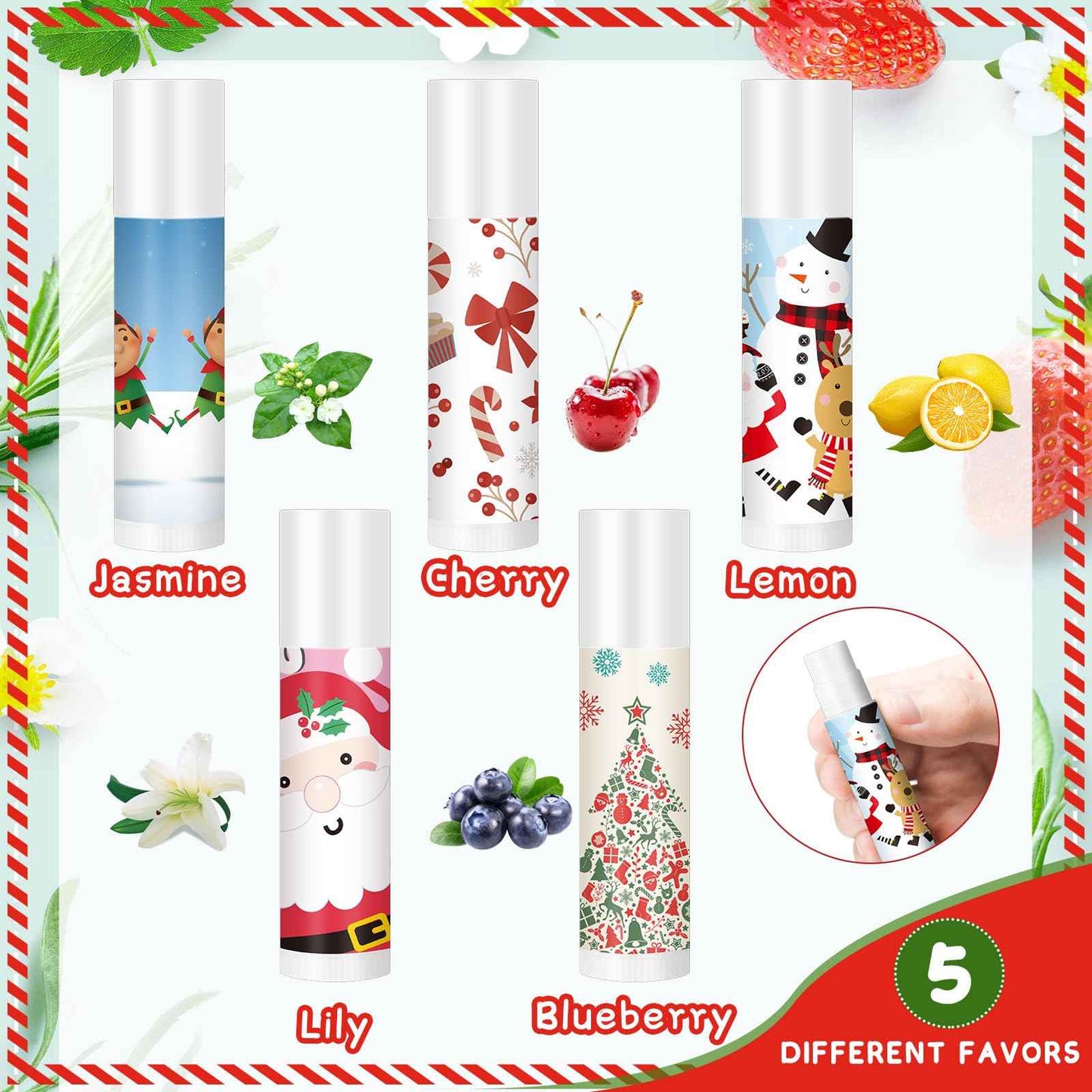 MTLEE 50 Pcs Christmas Lip Balm Bulk with 10 Designs 5 Flavored Holiday Gifts Moisturizing Lip Balms Stocking Stuffer Gift Christmas Party Supplies Favors for Kids Women Men