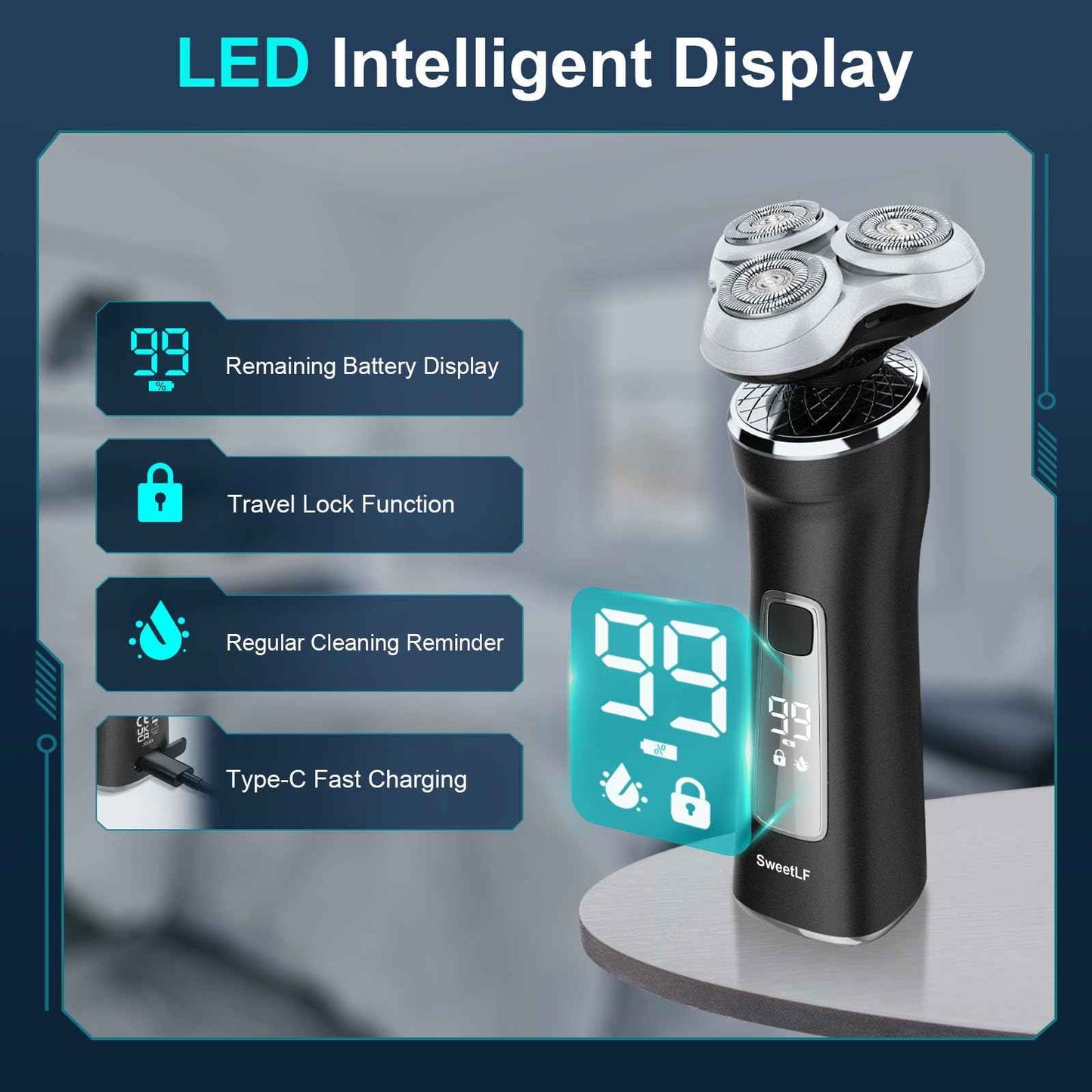 Electric Razor for Men with Travel Case, SweetLF 100% Waterproof Electric Shaver,Wet Dry Shaving/Rechargeable/Sideburns/Trimmer/Nose Trimmer/Type C Charging Cable