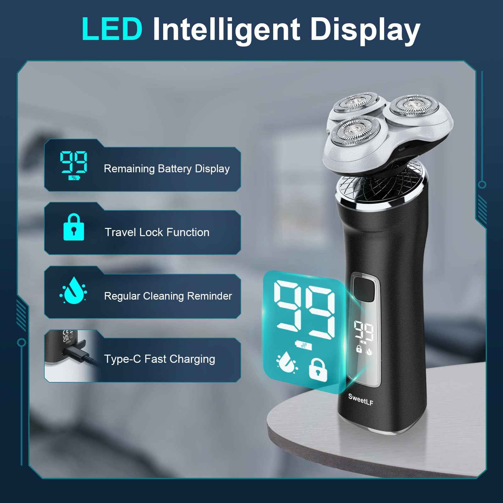Electric Razor for Men with Travel Case, SweetLF 100% Waterproof Electric Shaver,Wet Dry Shaving/Rechargeable/Sideburns/Trimmer/Nose Trimmer/Type C Charging Cable