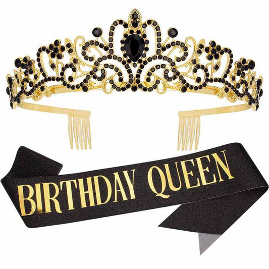 Birthday Queen Sash and Crystal Tiara Set Tiara and Crowns for Women Birthday Gift for Girl Kit Decorations Set Rhinestone Hair Accessories Glitter Stain Silk Sash for Party (Black Tiara + Black Sash)