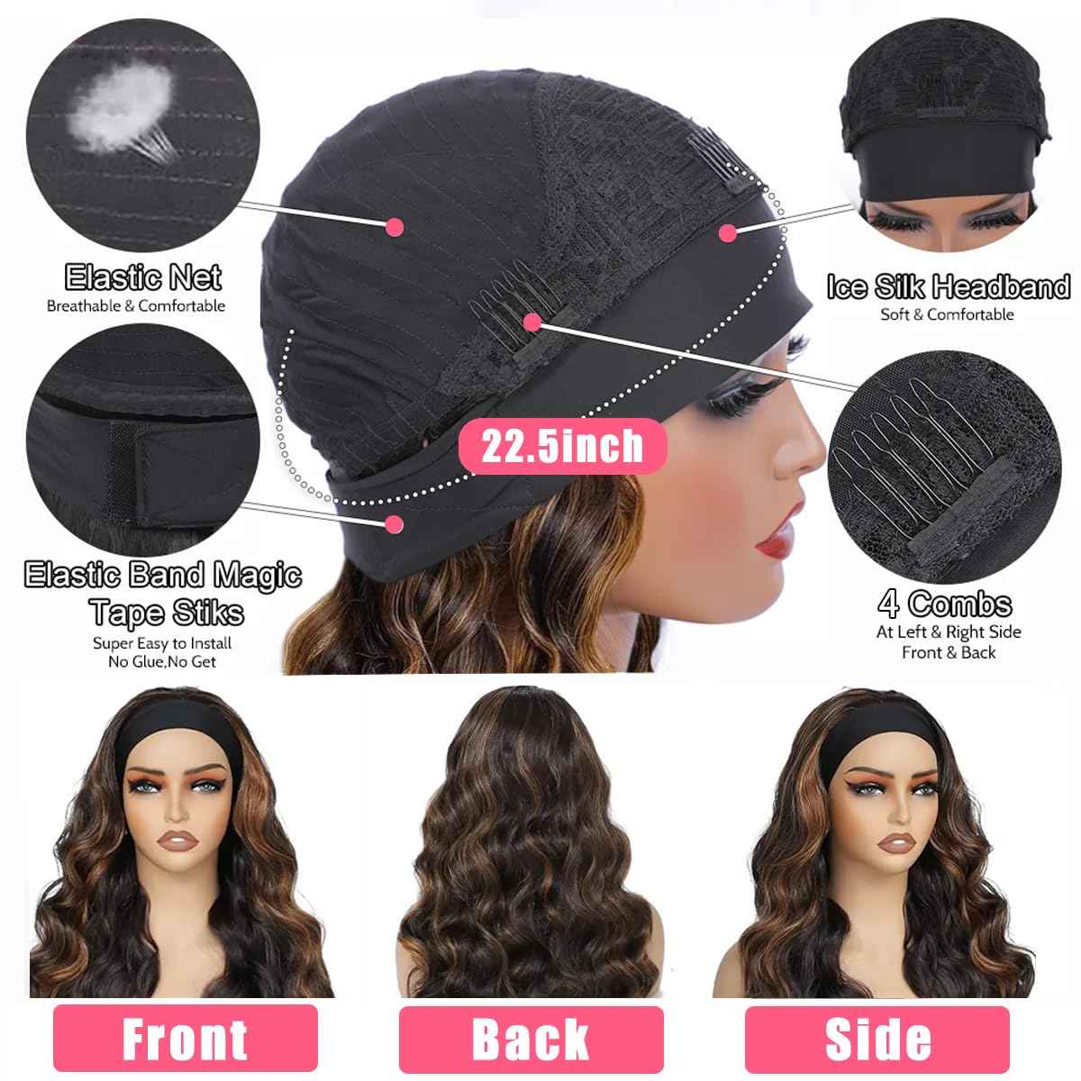 Highlight Ombre Headband Wig Human Hair 4/27 Highlight Body Wave Wigs Human Hair for Black Women Wear and Go Glueless None Lace Front Wigs Brazilian Virgin Headband Wig Human Hair 12 Inch