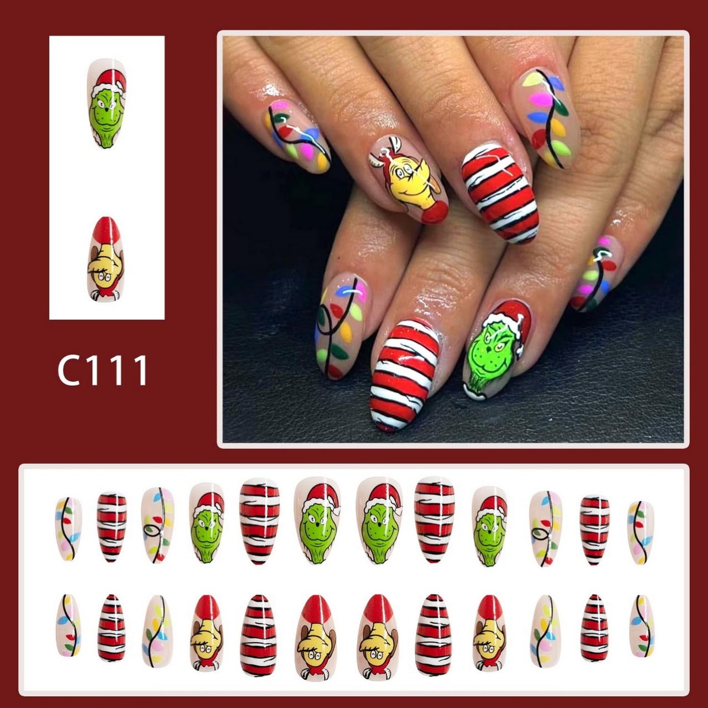 Christmas Press on Nails Almond Medium Fake Nails Cute Cartoon Grinchs Stick on Nails False Nails with Designs Acrylic Nails Winter Xmas Glue on Nails Full Cover Holiday Artificial Nails for Women