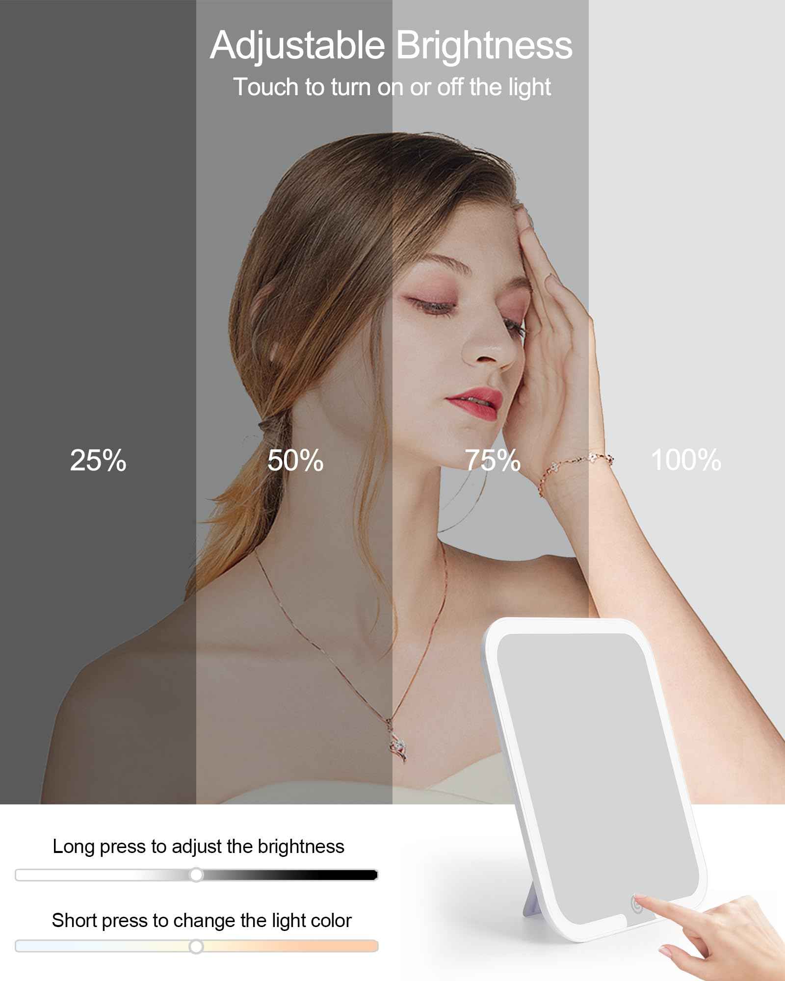 Relavel Makeup Mirror with Lights, LED Replacement for Makeup Bag, 3 Color Lights, Brightness Adjustable, 8.3 x 5.1 Inches