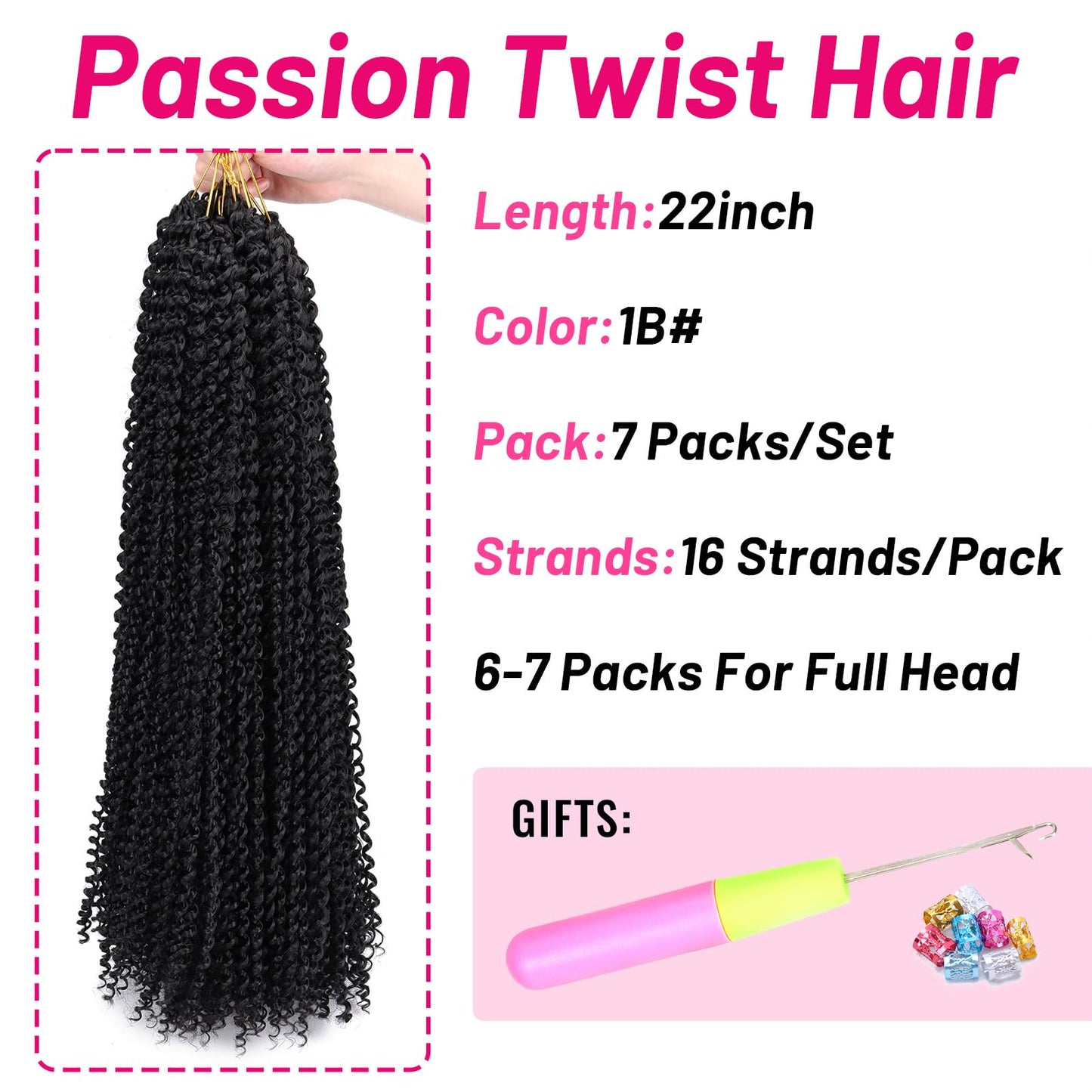 Dorsanee Passion Twist Hair 22 Inch 7 Packs Water Wave Crochet Hair Long Bohemian Curly Braiding Hair for Butterfly Locs, Faux Locs, Boho Style Spring Twist Crochet Braids (1B#)