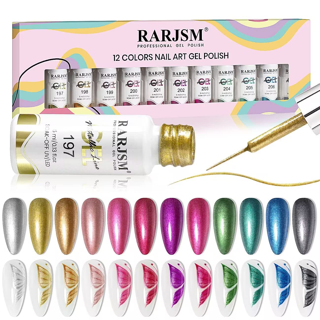 RARJSM Metallic Nail Art Gel Liner Black Silver Rose Gold Blue Green Red Glitter Painted Gel Nail Polish Set Soak Off 12 Colors 5ml UV LED Curing Require for DIY at Home Nail Salon Manicure Design