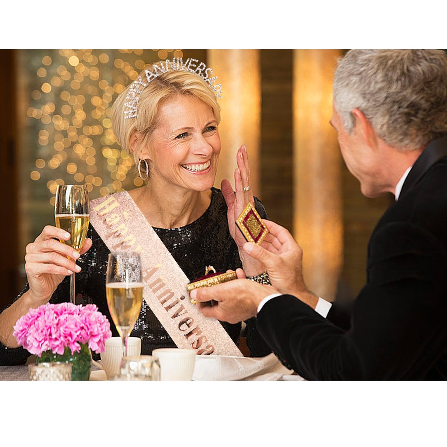 Anniversary Decorations, Rose Gold Happy Anniversary Sash and Crown Set, Anniversary Sash and Headband for Women