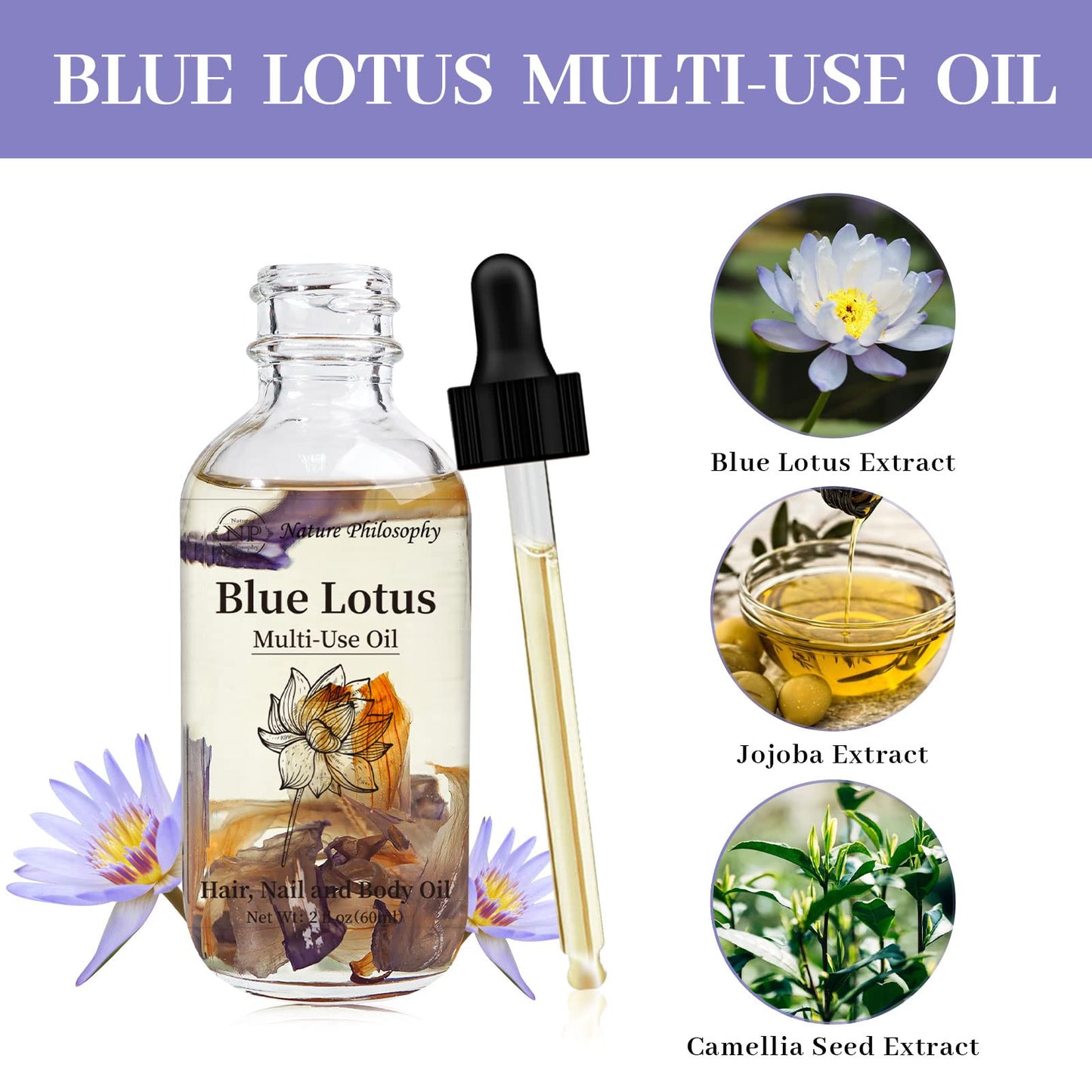 Blue Lotus Multi-Use Oil for Face, Body and Hair - Organic Plant Fragrant Essential Oil for Dry Skin, Scalp and Nails - 2 Fl Oz