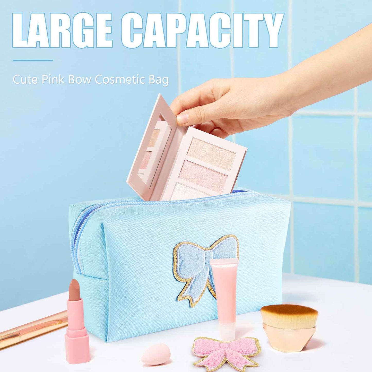 6 Pcs Bow Makeup Bag Bulk Preppy Cosmetic Bag PU Leather Travel Toiletry Bag Waterproof Small Makeup Pouch Bag for Purse Cute Coquette Stuff for Girls Women Bachelorette Party Gifts (02 Blue)