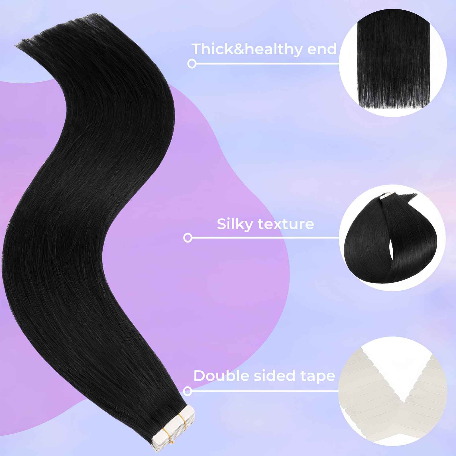 Tape in Hair Extensions Human Hair Utra Thin Invisible Seamless 20pcs 50g (Jet Black, 20 inch)