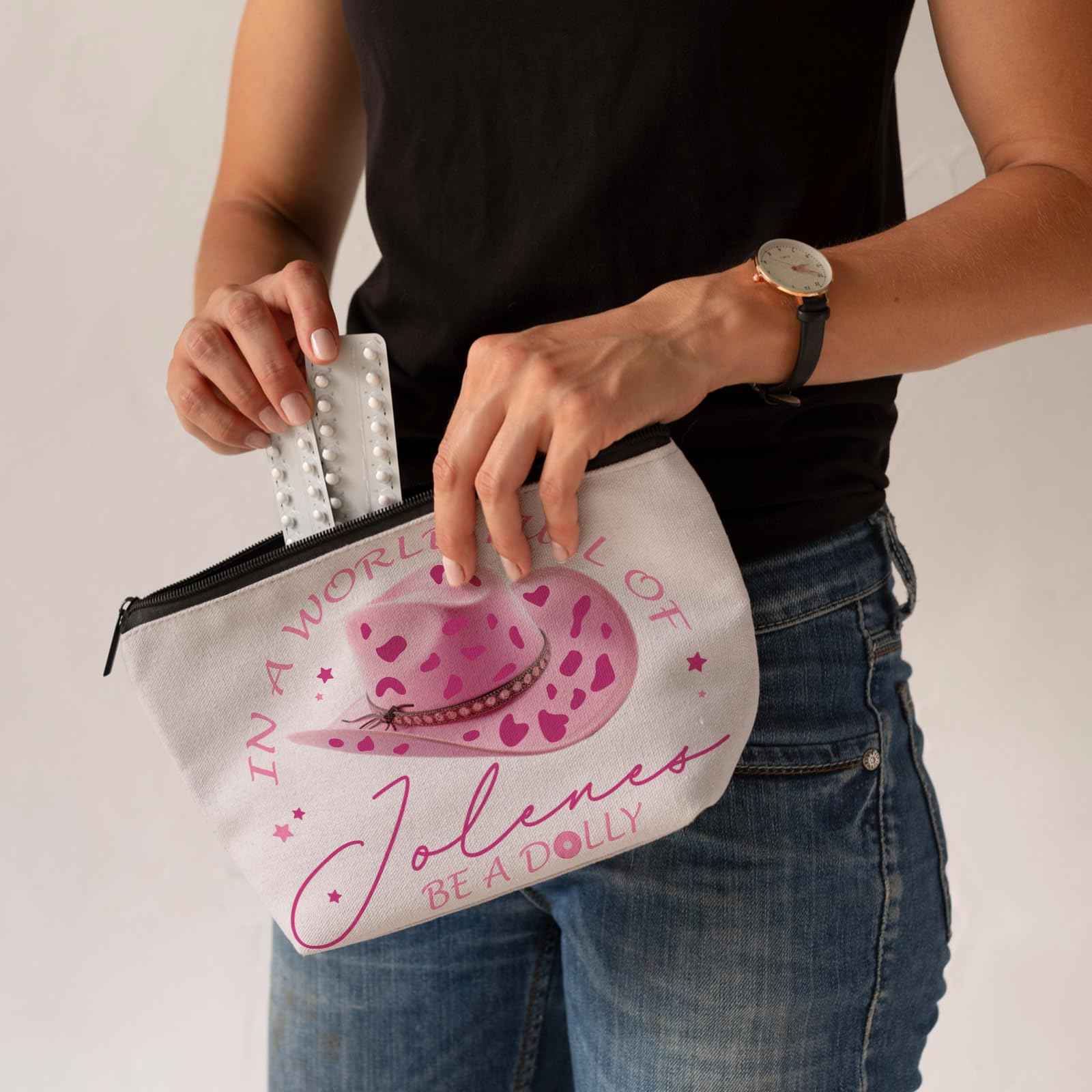 CLHHM Pink Dolly World Costumes Makeup Bags, Western Hat Singer Music Fans Cosmetic Bag for Women, Gifts for Mom Lover Sister Friends Daughter Graduation Halloween Birthday Christmas