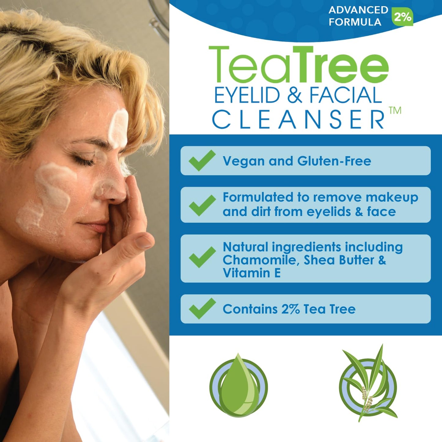 Eye Eco Advanced Tea Tree Eyelid and Facial Cleanser - Non-Irritating Eyelash & Eyelid Cleanser, Removes Debris & Irritations – Soothing Formula Made with Tea Tree, Vitamin E, & Shea Butter - 50mL