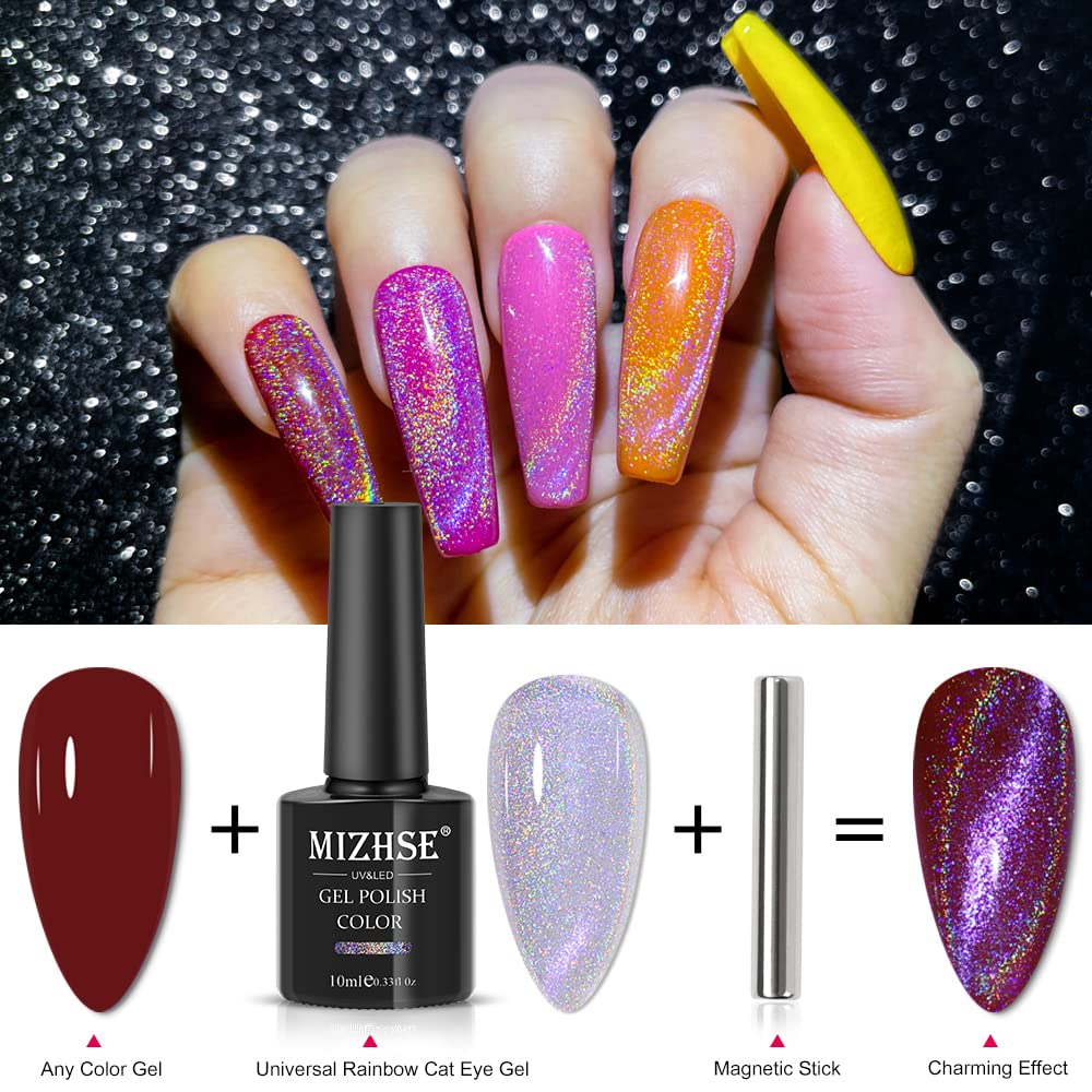 MIZHSE 10ml Universal Rainbow Cat Eye Gel Nali Polish Laser Holographic 9D Cat Eye Gel Polish Soak Off LED U V Gel Nail Art Varnish with Magnetic