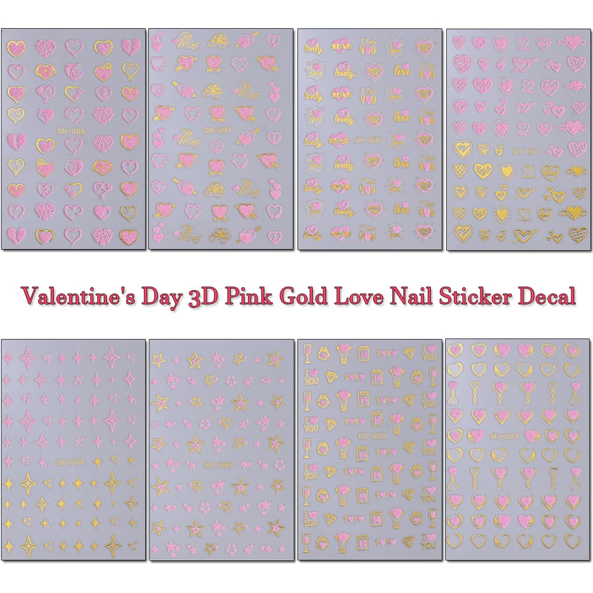 Valentine's Day Heart Nail Stickers-8 Sheets Gold Pink Nail Art Stickers 3D Self-Adhesive Nail Decals Glitter Star Love Rose Flower Nail Art Design Supplies for Acrylic Nail Decoration Stickers Women