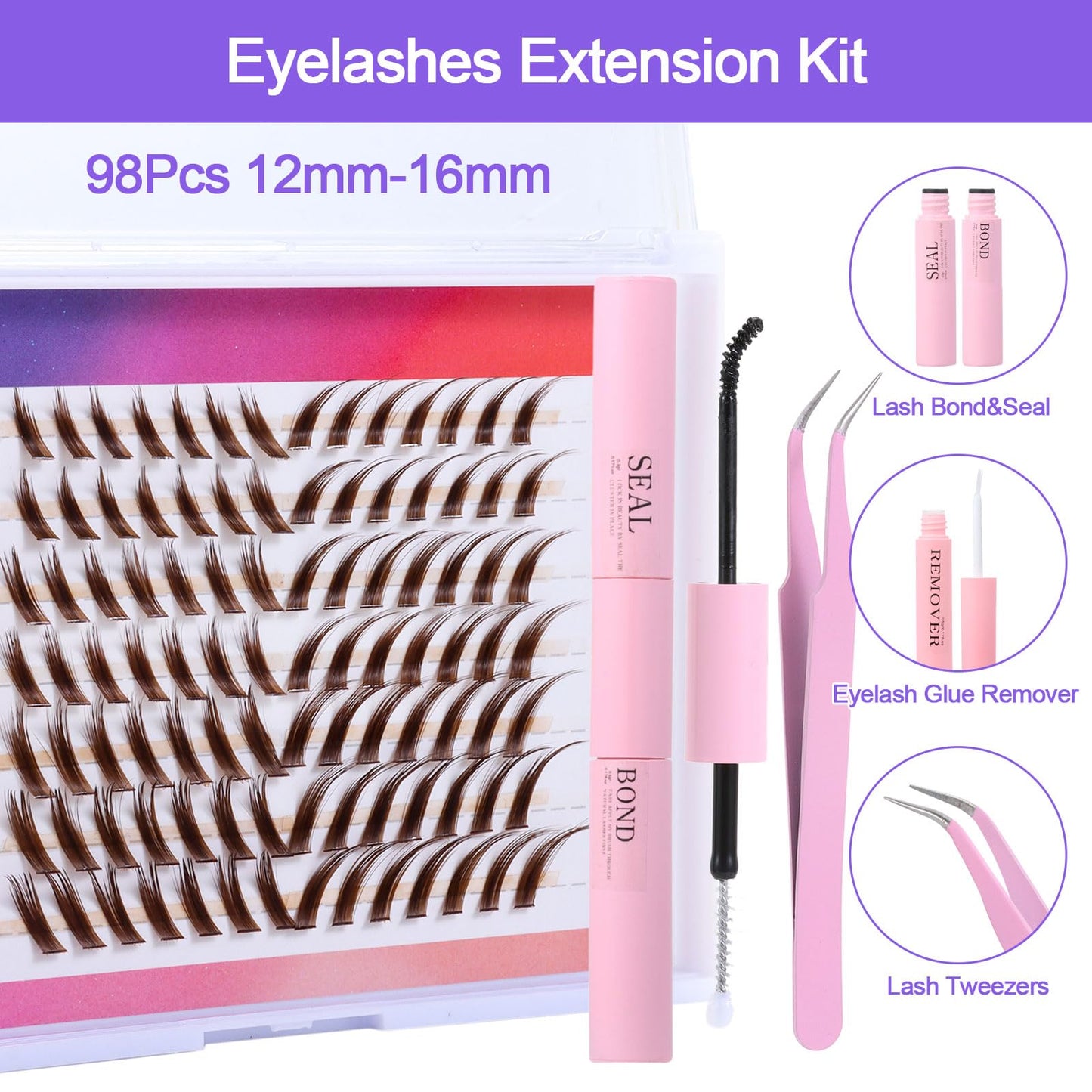 outopen Brown Lashes Extension Kit, Fox Eye Lash Clusters With Tweezer And Glue, 12-16mm C Curl Cat Eye Lash Extensions Kit, DIY Individual Brown Cluster Eyelash (B-Brown)