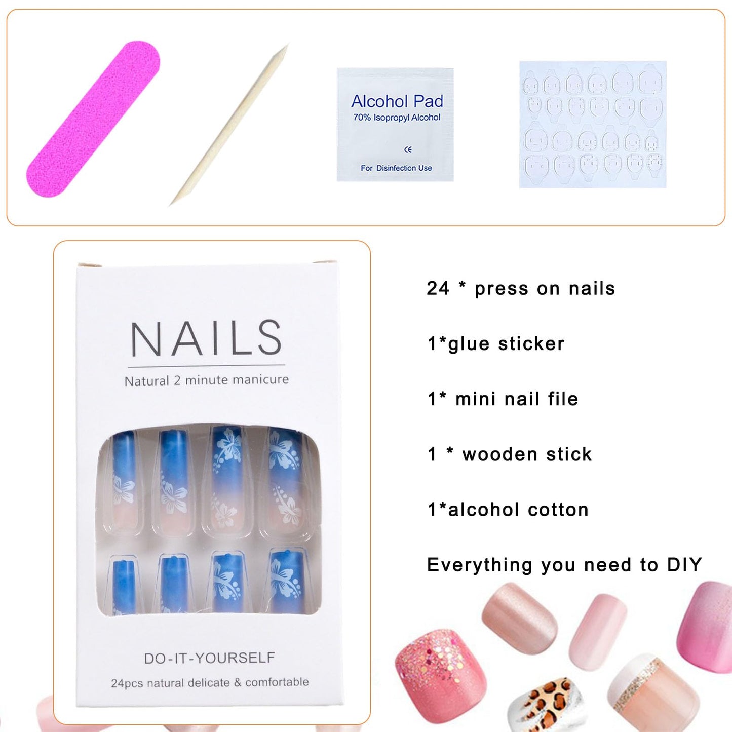 Press on Nails Long Fake Nails with White Flowers Designs Square Full Cover Nails Press ons Blue Ombre Acrylic Nails Extra Long Artificial Ocean Spray Stick on Nails for Women 24 Pcs