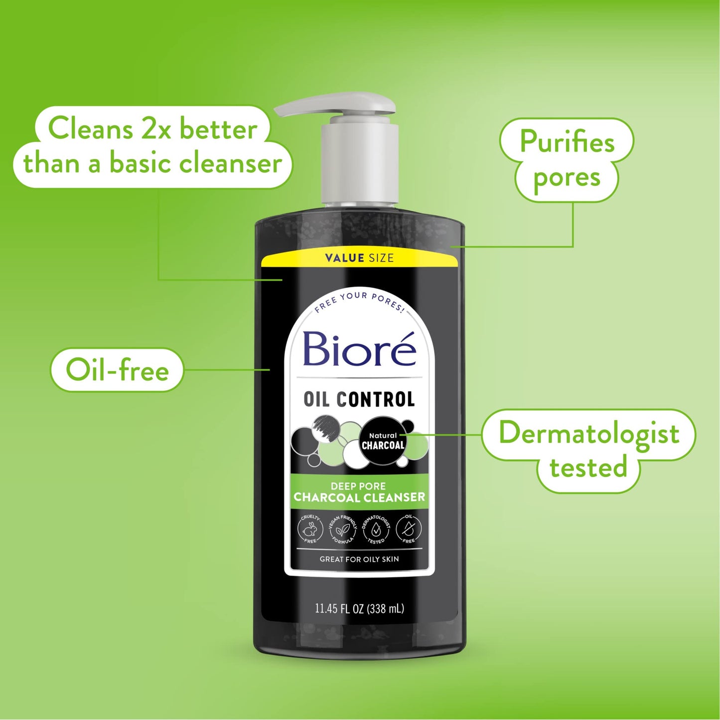 Biore Deep Pore Charcoal Face Wash, Daily Facial Cleanser for Dirt & Makeup Removal, for Oily Skin, Value Size, 11.45 fl oz