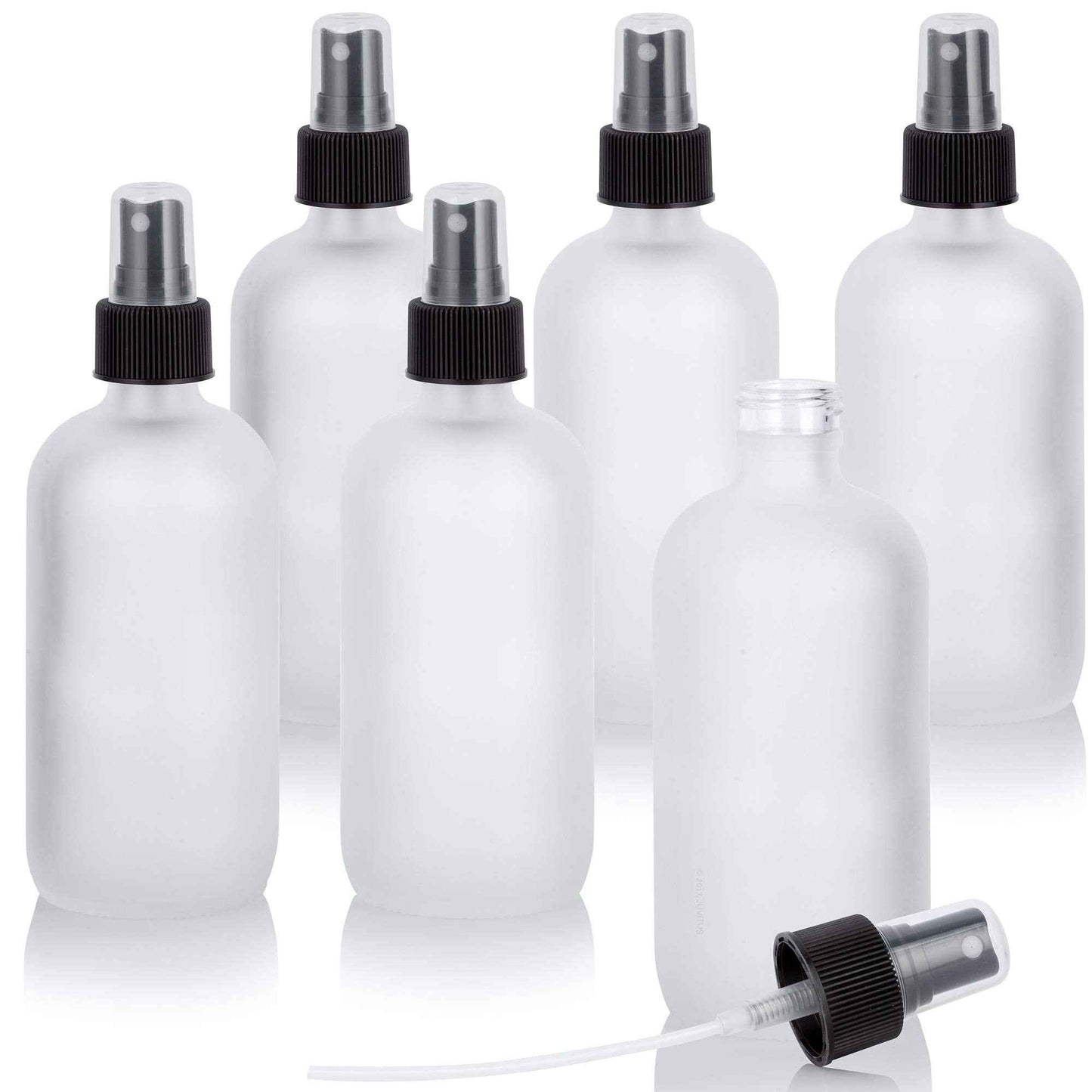 JUVITUS 8 oz Frosted Clear Glass Boston Round Bottle with Black Fine Mist Spray (6 Pack)