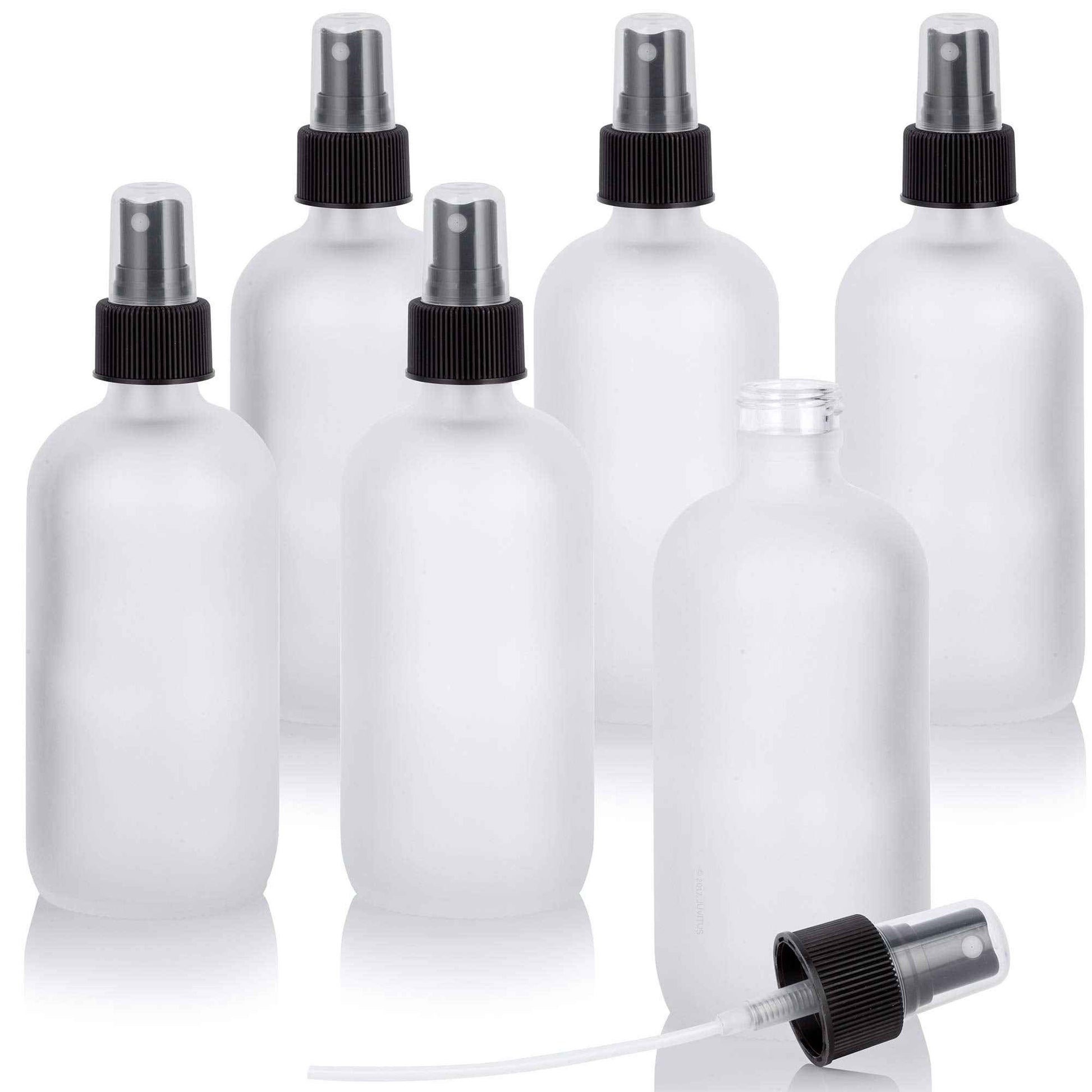 JUVITUS 8 oz Frosted Clear Glass Boston Round Bottle with Black Fine Mist Spray (6 Pack)