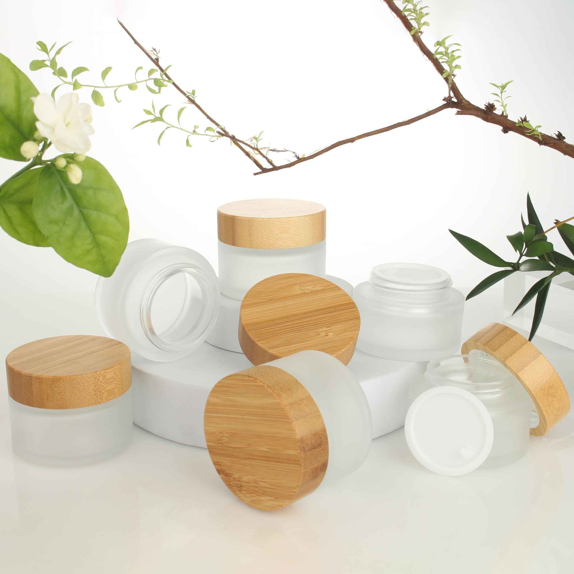 COSIDEA 6pcs Empty 1.7 OZ/50g Round Frosted Glass Jars with Bamboo lids, Bamboo Cream Jar Refillable Cosmetic Travel Containers for Lip Balm, Ointments, Lotion Packing