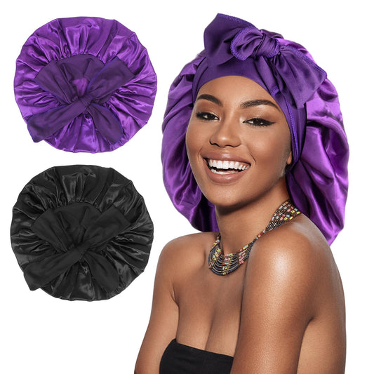Arqumi Pack of 2 Satin Sleeping Bonnet, Large Satin Sleep Bonnet with Long Strap, Adjustable Sleep Cap Hair Bonnet for Women & Men, Black+Purple