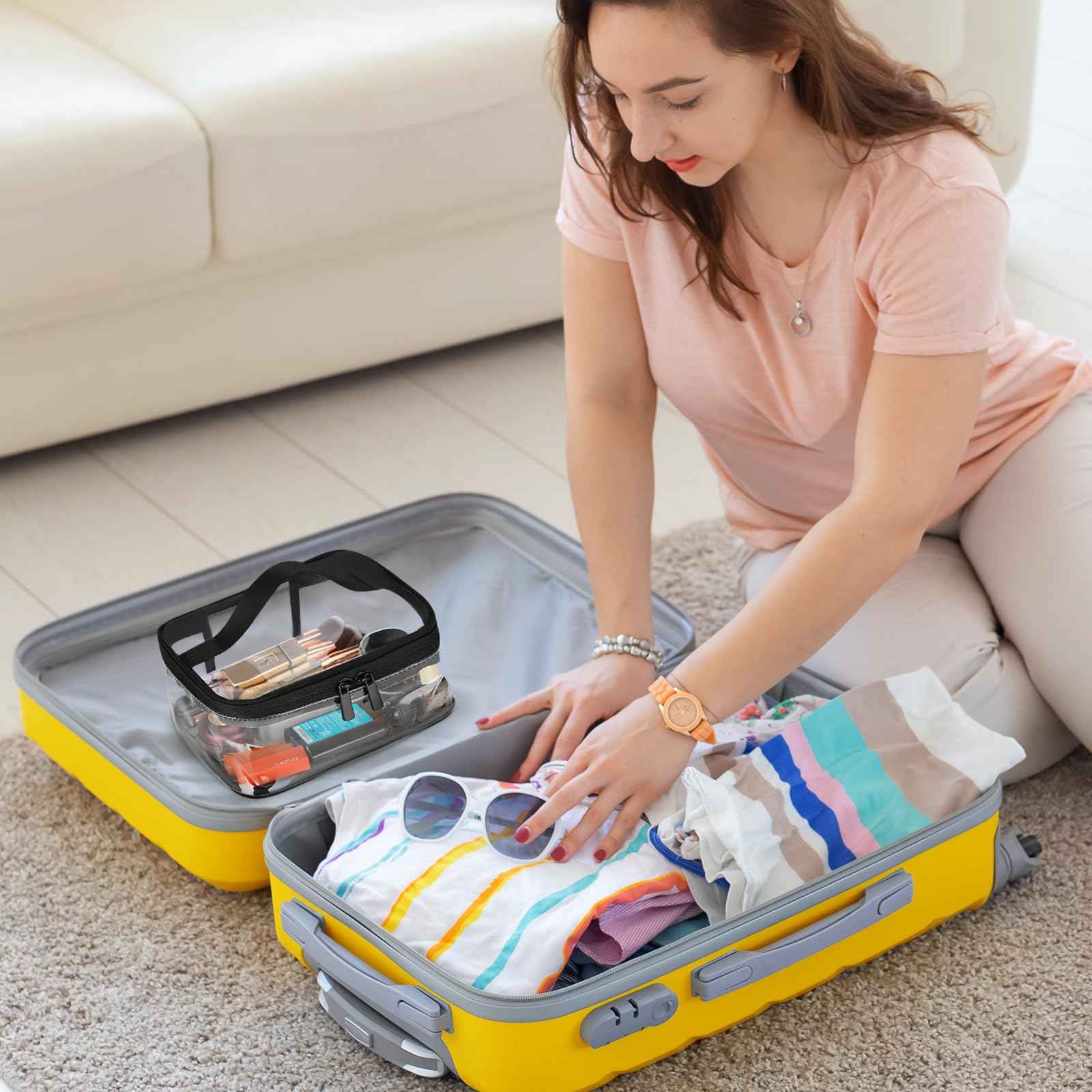 HAOGUAGUA 2 Pieces Clear Makeup Bags Cosmetic Toiletry Bags for Traveling, Waterproof Travel Transparent TSA APPROVED Carry On Airport Airline Compliant Bag (2 PIECES BLACK)