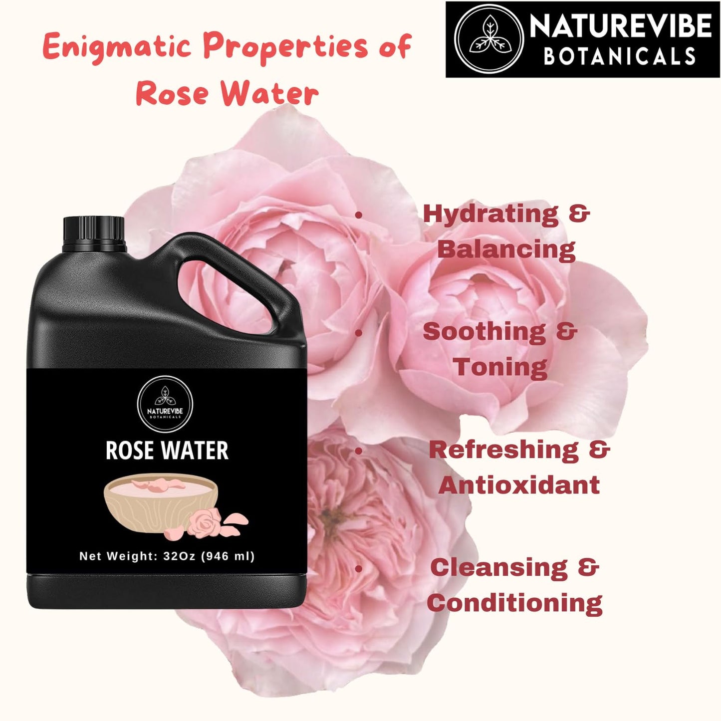 Naturevibe Botanicals Rose Water 32 Ounces | 100% Pure and Natural | Great for Skin Care and Hair Care