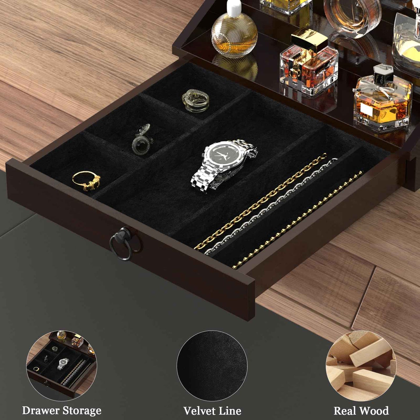 upcessory Wooden Cologne Organizer for Men Enhanced 4 Tier Cologne Stand Shelf Perfume Organizer with Velvet Lined Drawer & Hidden Storage Perfume Display Holder for Dresser Nice Gift (Stylish Brown)