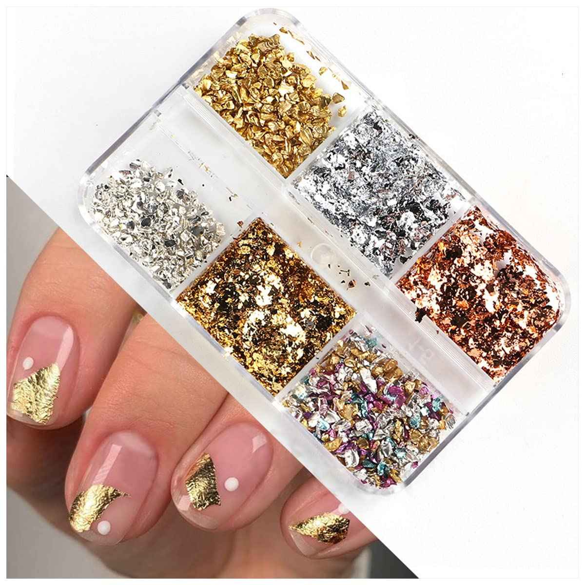 6 Grids Metallic Nail Art Foil Flakes, Gold Nail Glitter, Holographic Sequins, 3D Sparkly Aluminum Foil, Silver Nail Supplies for Women Girls