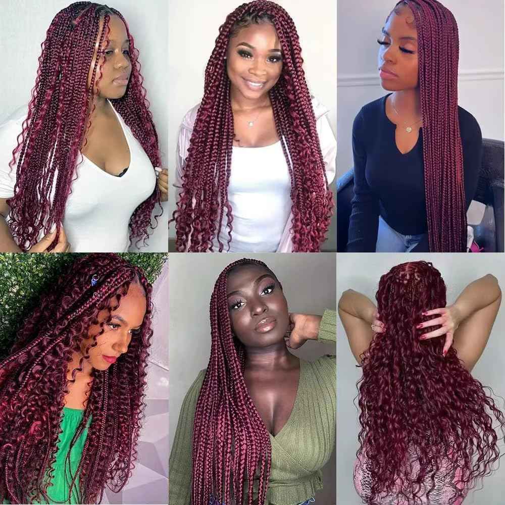 Dabork Human Braiding Hair 24 Inch 100g 2 Bundles/Pack Bulk Deep Wave No Weft Human Hair for Boho Box Braids Extensions 99J Burgundy