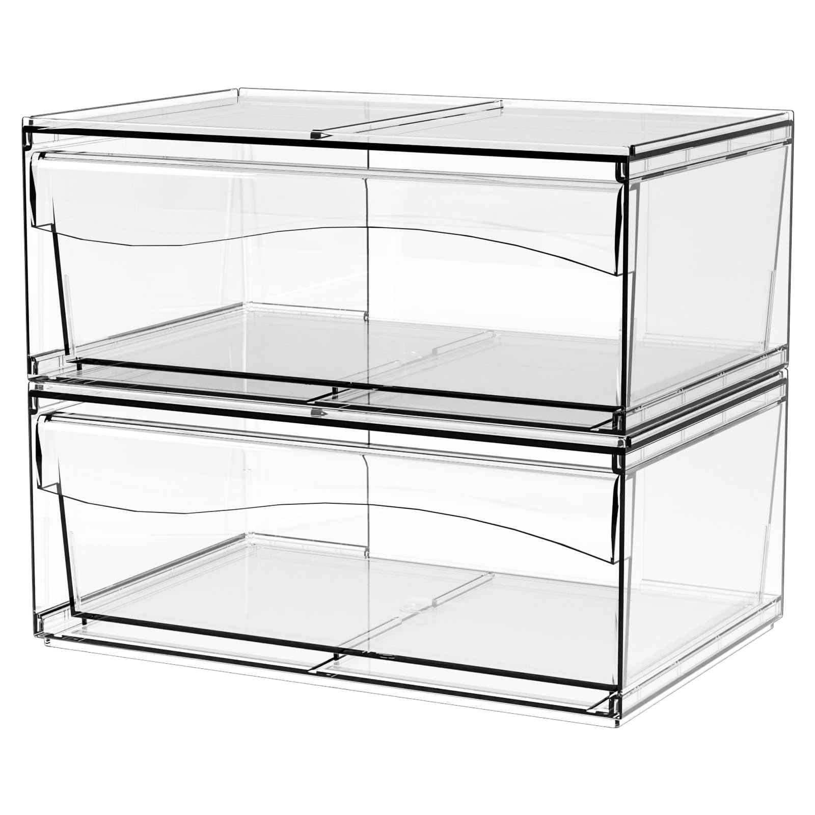 2 Pack Clear Stackable Storage Drawers,12"W Large Bathroom Makeup Organizer and Pen,Sunglass,Medicine,Baby Bottle Organizer,Plastic Pull Out Storage Bins,for Desk,Under Cabinets,Vanity Countertop