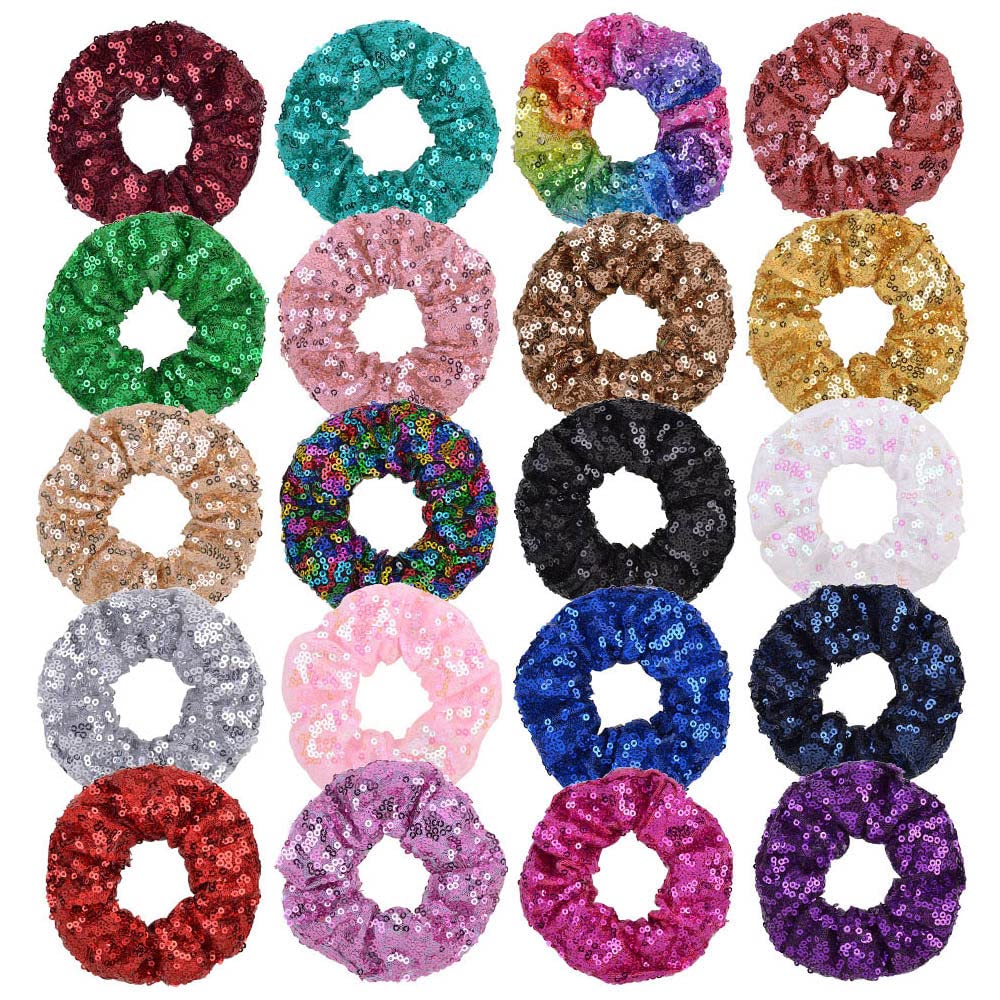 ZOONAI Women Teen Girls Sequins Satin Scrunchies Hair Accessories Elastic Sparkly Hair Ponytail Holder Hair Tie - Set of 2 (Blue)