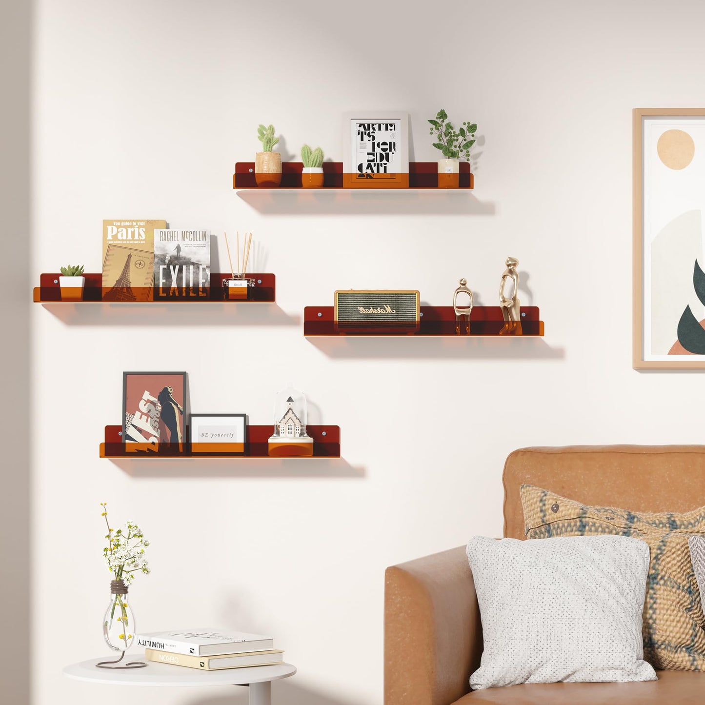 upsimples 4 Pack Acrylic Shelves for Wall Storage, 15" Floating Bookshelves for Kids, Display Shelf Organizer for Bathroom, Bedroom, Living Room, Kitchen, Room Decor, Clear Brown