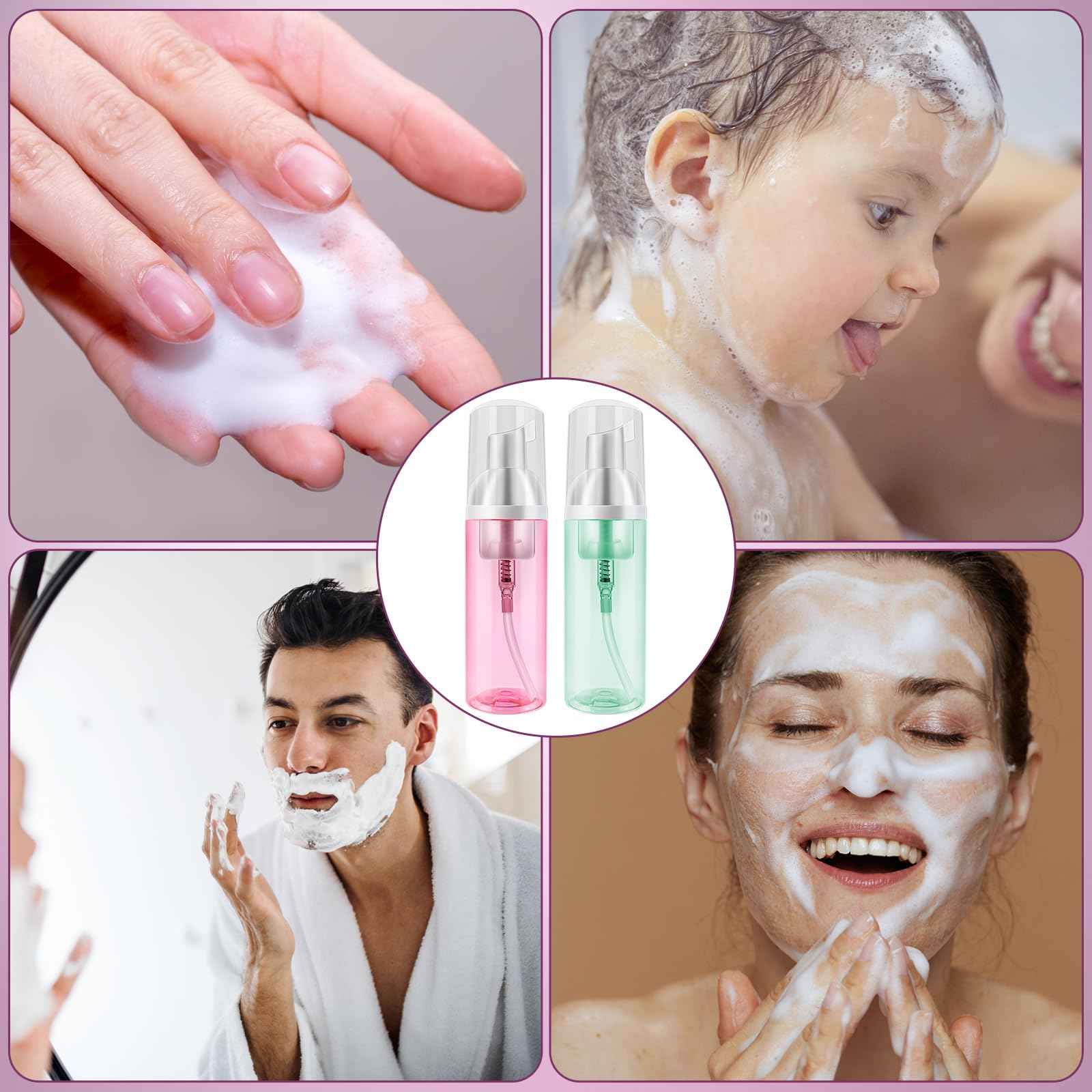 2 Pack Travel Foam Pump Bottle 60 ml/2 oz Small Size Foam Spray Bottle & Pump Bottle Dispenser for Face Wash, Lash Shampoo, Skin Care - Clear Plastic Mini Empty Refillable Containers （Pink and Green）