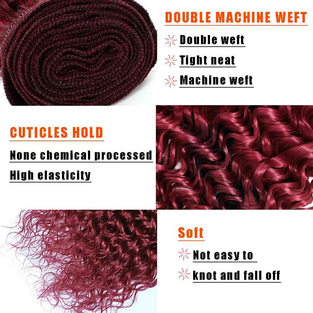 Water Wave Human Hair Bundles 14 16 18 Inch #99J Burgundy Bundles Human Hair Red 12A Unprocessed Native Virgin Hair 100/PC 3 Extensions Wet and Wavy Weave for Women