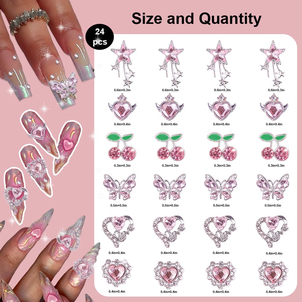 24PCS Pink and Silver Nail Charms for Acrylic Nails - Star, Cherry, Butterfly, and Heart Nail Art Decorations for DIY Manicure and Crafts