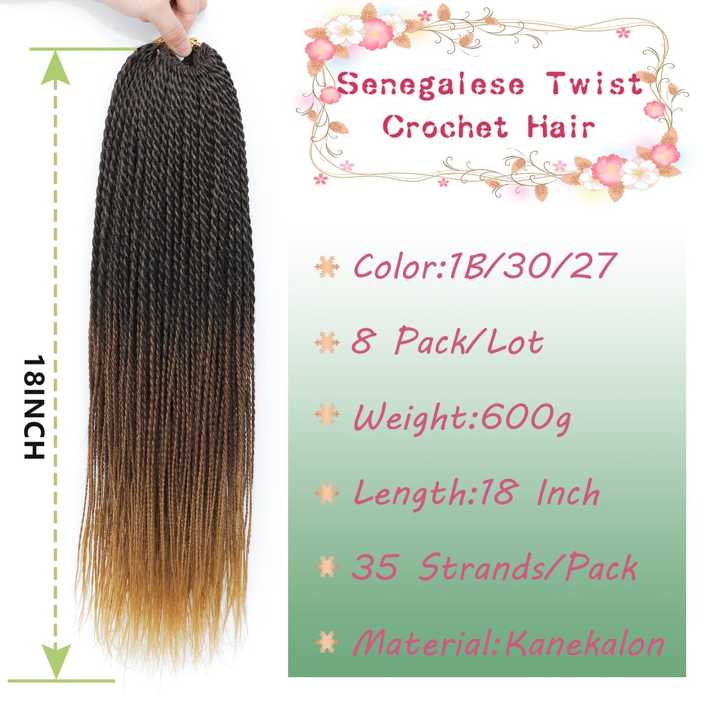 MOSINA Senegalese Twist Crochet Hair 8 Packs Ombre Crochet Hair For Black Women 18 Inch Pre Looped Crochet Braid Hot Water Setting 280Strands(18 Inch, 1B/30/27)