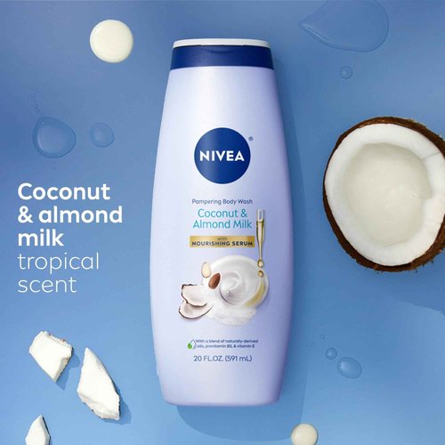 NIVEA Pampering Coconut and Almond Milk Body Wash with Nourishing Serum, Moisturizing Body Wash for Women, Enriched with Provitamin B5 and Vitamin E, 20 Fl Oz Bottle, Pack of 3
