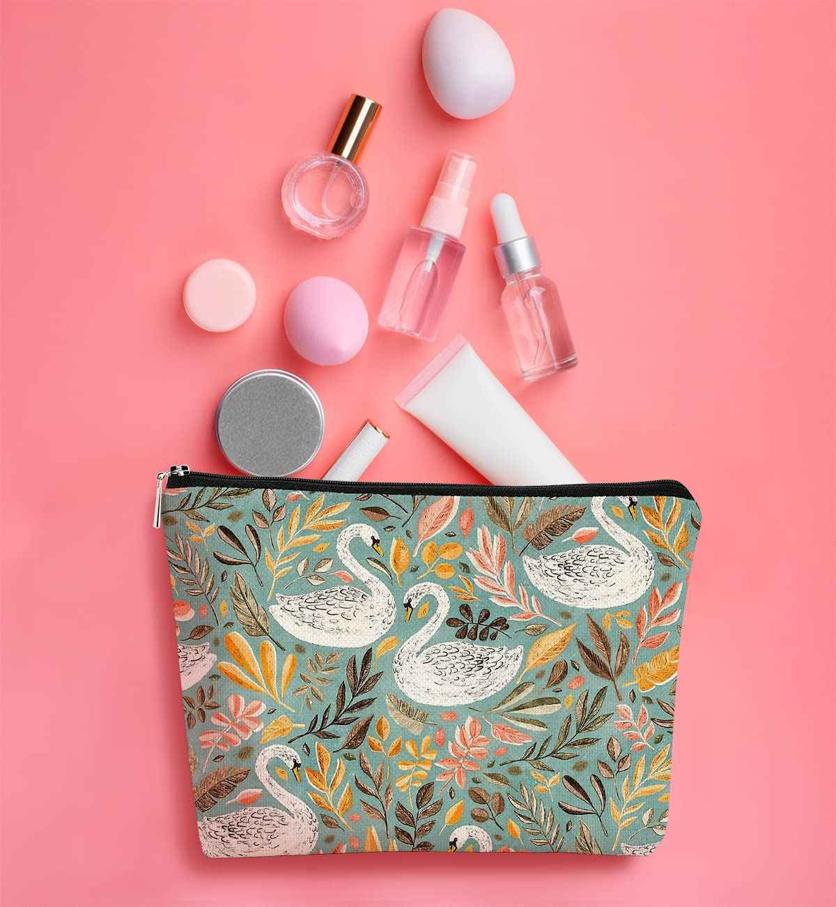 Turquoise Aesthetic White Swans with Leaves Makeup Bag,Soft Sage Green Leaf Cosmetic Bag Best Gift Idea for Swans Lovers Girls Women Mom,Birthday Gifts for Women Girls