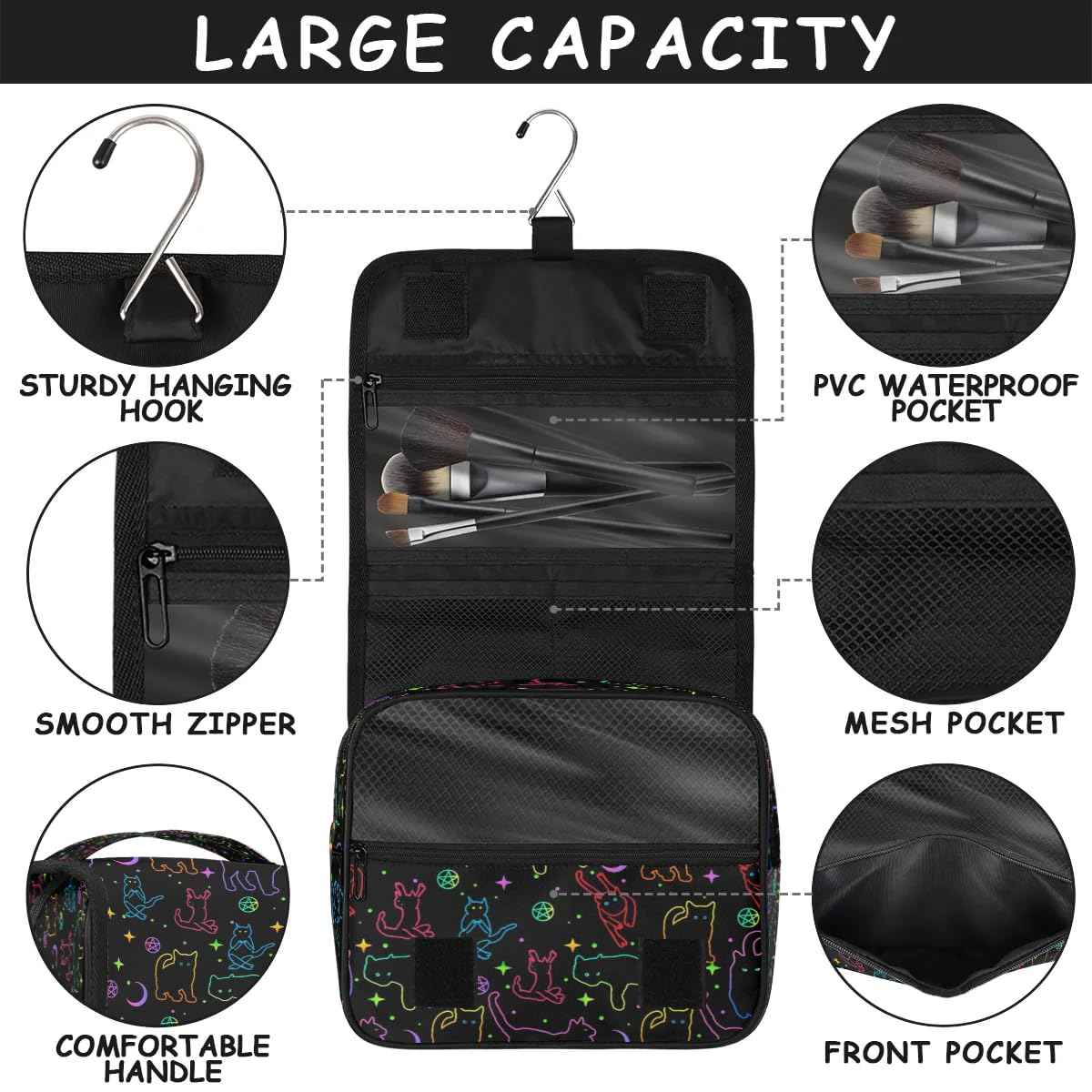 lakefvgk Black Cats Hanging Toiletry Bag, Spacious Travel Toiletry Bag for Women Men, Cosmetic Bags for Women, Travel Makeup Bag Suitable for Business, Camping, and Fitness