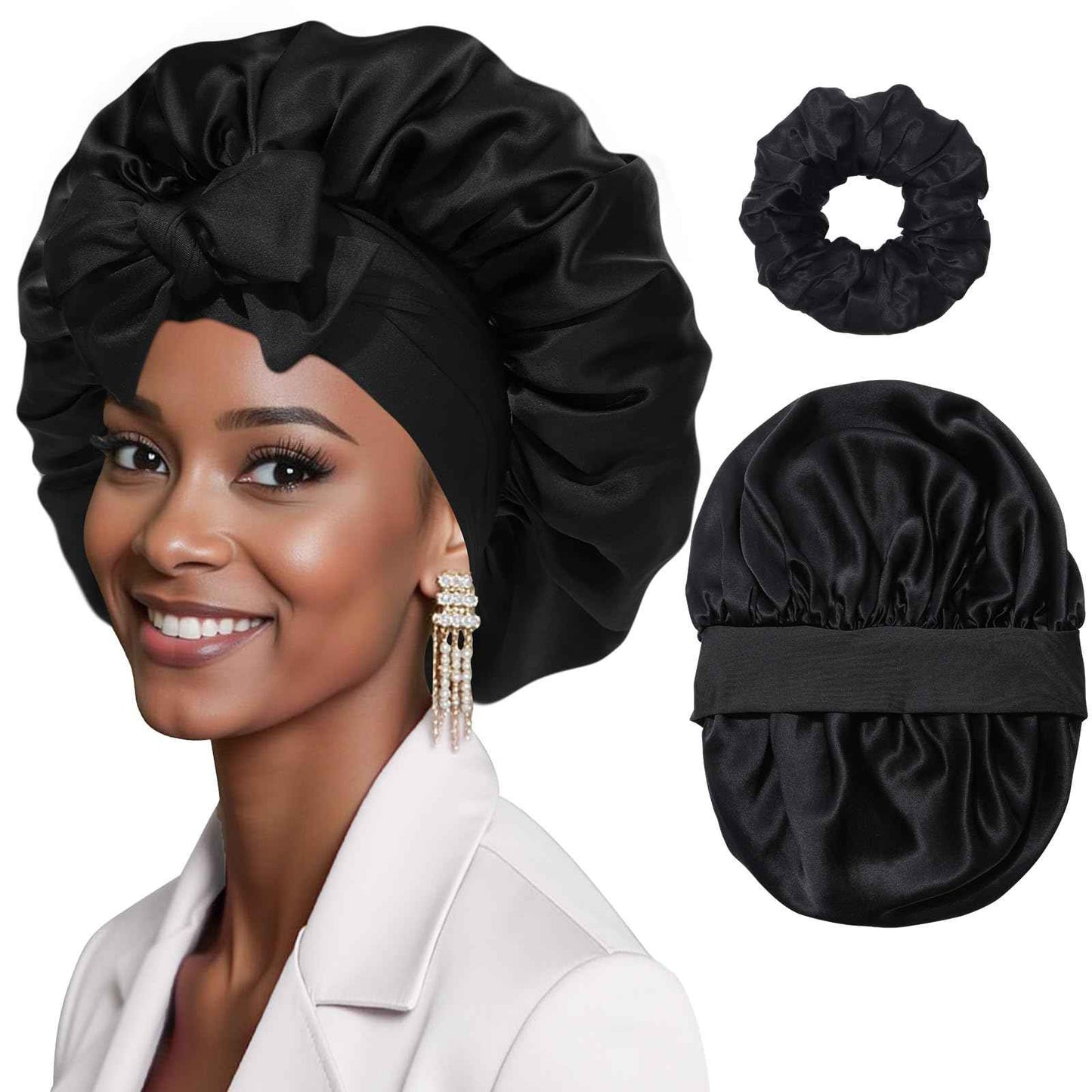 Mulberry Silk Bonnet Sleeping Women Curly Hair Bonnets Tie Band Double Layer Reversible Sleep Bonnet Silk Hair Wrap Sleep Cap Black