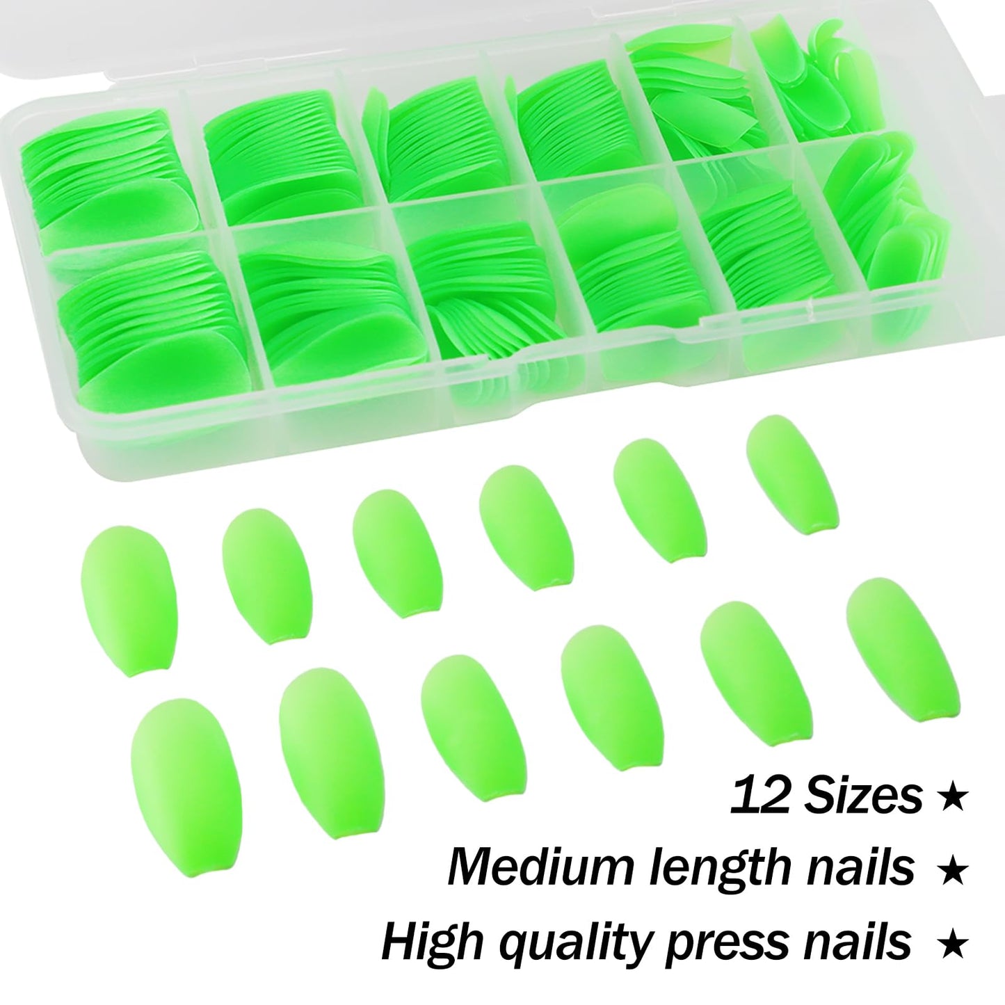 240 Pcs Green Glow in The Dark Press on Nails Medium Coffin Shape Artificial Kit Solid Color Fake Nails with Fluorescent Designs Matte Glue on Nails Gloss Stick on Nails for Women Girls Nail Supplies