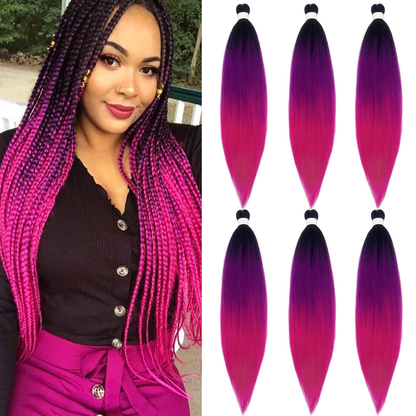 UPruyo Colored Purple Pink Ombre Braiding Hair Extensions for Braids Kanekalon Prestretched Pre Stretched Braiding Hair Ombre Fake Synthetic Hair for Braiding (24 In 6 Packs)