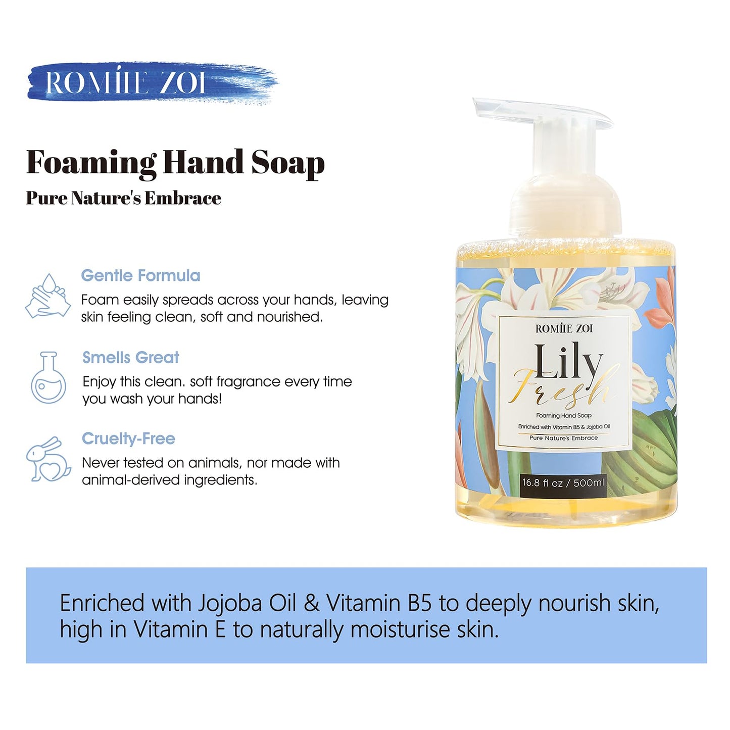 ROMIIE ZOI Foaming Hand Soap with Gift Box- Lily Fresh - Biodegradable Formula Moisture & Revitalize - 500ml/ 16.8oz