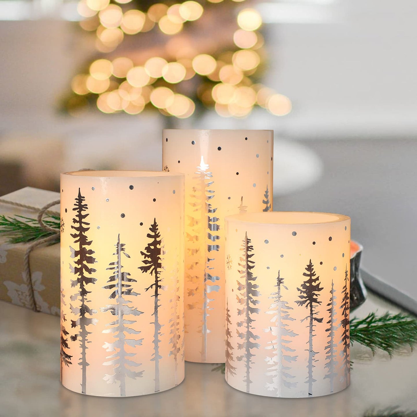 REVELBUNNY Christmas Tree LED Candles Battery Operated Flickering Flameless Candles with Remote Timer, Real Wax Pillar Candles for Birthday Home Holiday Decoration Christmas Gifts, Set of 3